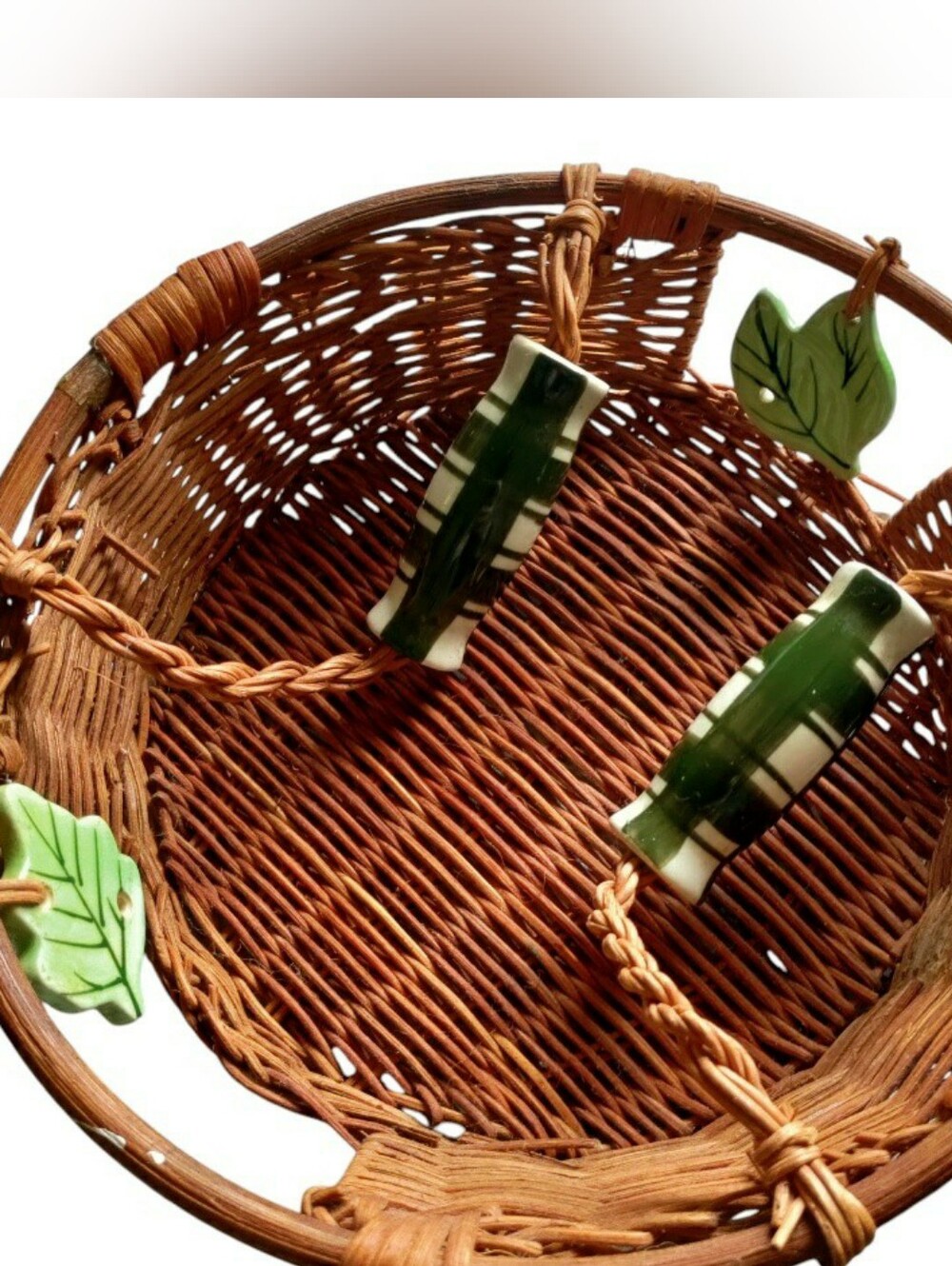 Vintage Woven Rattan Storage Basket With Ceramic Handles And Leaves